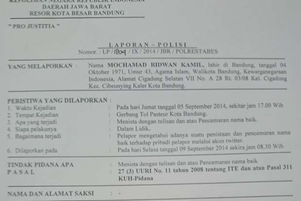 Resmi, Ridwan Kamil Laporkan @kemalsept ke Polisi