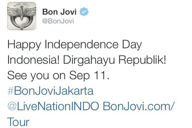 Bon Jovi Ucapkan Dirgahayu Hari Kemerdekaan RI