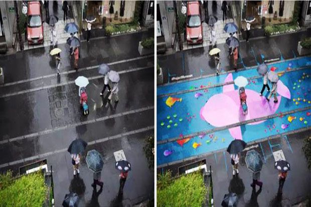 Fantastis! Seni Mural di Jalanan Korea ini Cuma Nongol saat Hujan