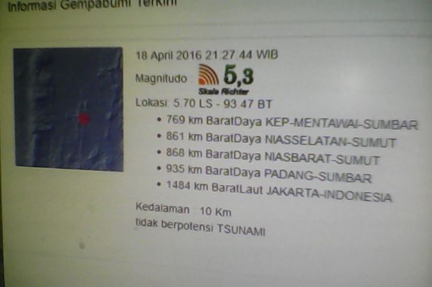 Gempa 5,3 SR Guncang Kepulauan Mentawai