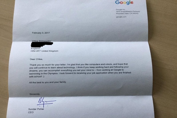 Gadis 7 Tahun Surati CEO Google Minta Pekerjaan dan Dibalas