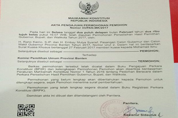 Rano-Embay Resmi Daftarkan Gugatan Pilkada Banten ke MK