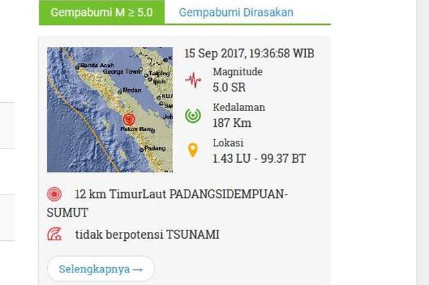 Gempa Bumi 5,0 SR Guncang Padangsidimpuan