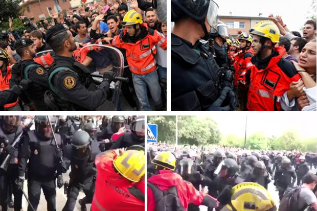 Polisi dan Pemilih Bentrok, Pemadam Kebakaran Catalonia Jadi Tameng Manusia