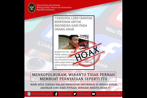Wiranto Diserang Hoax, Kemenko Polhukam: Penyebar Bisa Dipidana