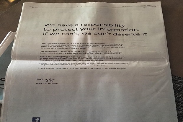 Facebook Bikin Permohonan Maaf di Surat Kabar AS dan Inggris