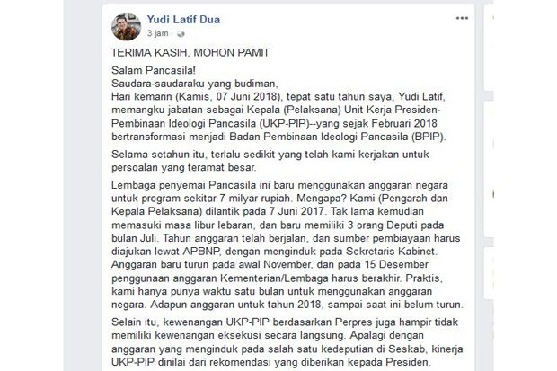 Yudi Latif Mundur dari Jabatan Kepala BPIP