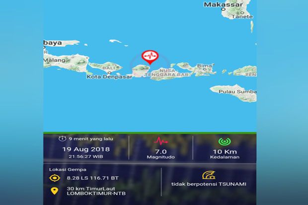 Pulau Lombok Diguncang Gempa 7,0 SR, Tidak Berpotensi Tsunami