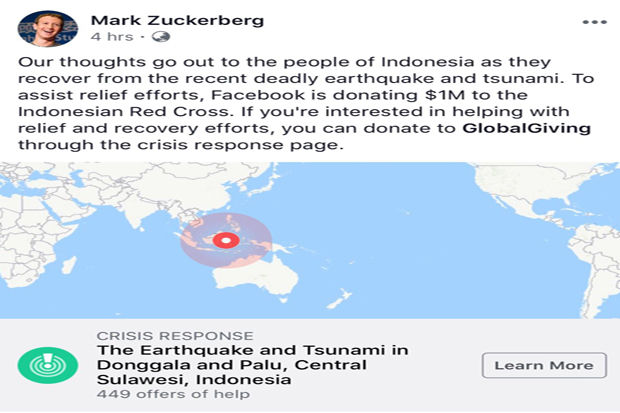 Facebook Kirim Rp15 M Bantu Korban Gempa & Tsunami Sulawesi