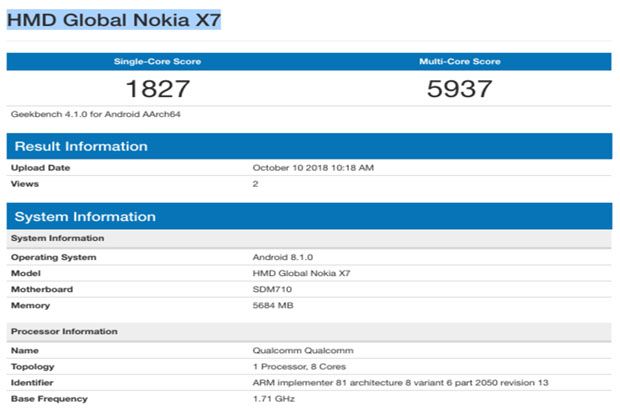 Nokia 7.1 Plus Hadir di Geekbench dengan Snapdragon 710-RAM 6 GB