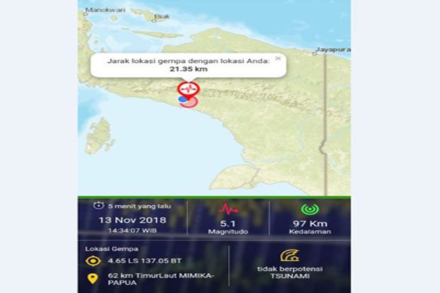 Gempa 5,1 Skala Richter Kagetkan Warga Mimika Papua
