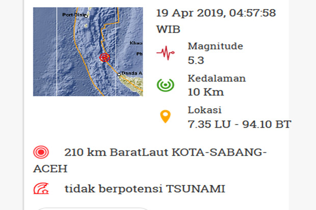 Pagi Ini Kota Sabang Aceh Dua Kali Diguncang Gempa 5,3 SR