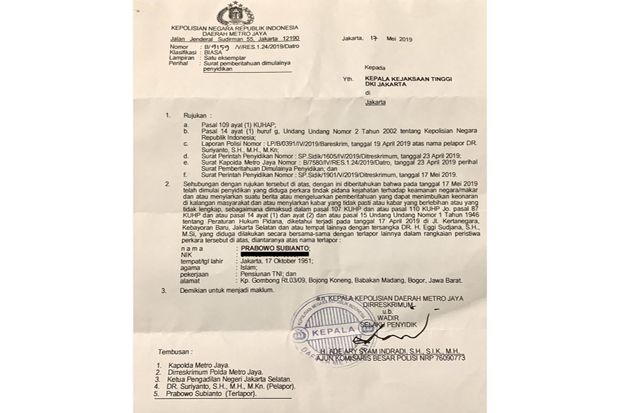 Beredar Surat Perintah Penyidikan untuk Prabowo Terkait Kasus Dugaan Makar