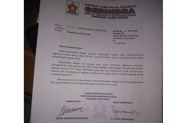 Ini Surat Instruksi DPD Gerindra Jabar untuk Mengirim Ambulans ke Aksi 22 Mei