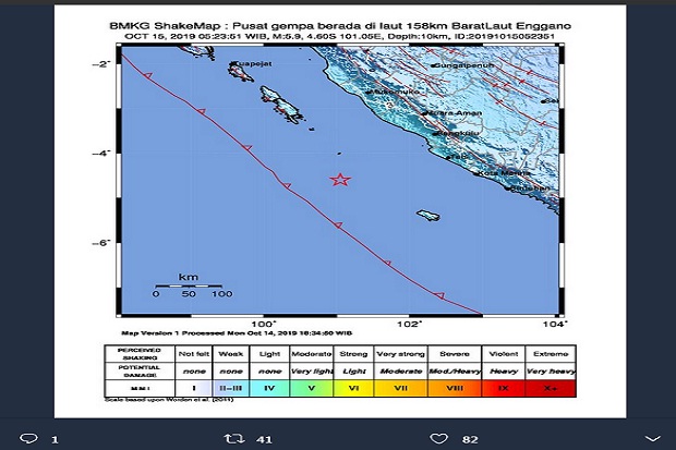 Gempa 5,9 Magnitudo Guncang Wilayah Bengkulu