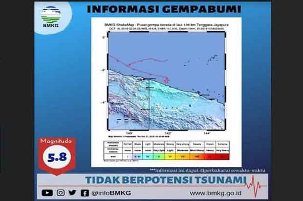 Gempa 5,8 Magnitudo Getarkan Jayapura, Tidak Berpotensi Tsunami