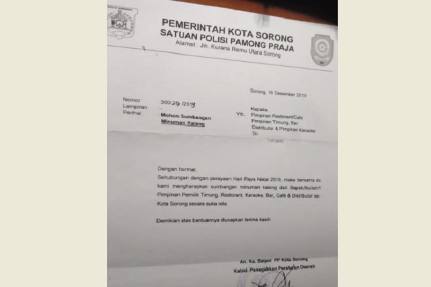 Jelang Natal, Beredar Surat Permohonan Bingkisan dari Satpol PP Kota Sorong