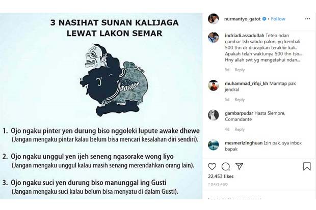 Postingan Gatot Nurmantyo soal Nasihat Sunan Kalijaga Direspons Positif Netizen