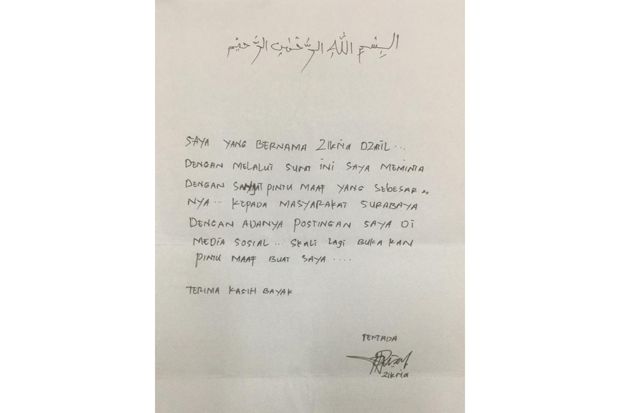 Ini Isi Lengkap Surat Permintaan Maaf Zikria kepada Warga Surabaya