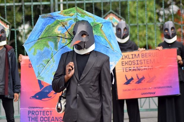 Peduli Populasi Penguin, Relawan Greenpeace Semarang Gelar Aksi Damai