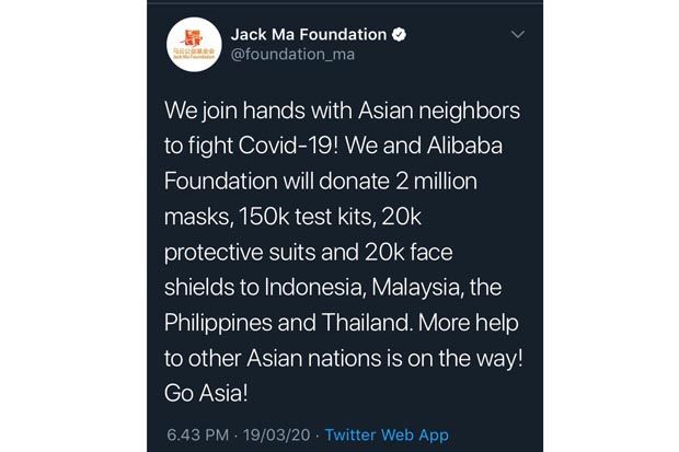 Jack Ma Foundation Siap Bantu Indonesia Melawan Virus Corona