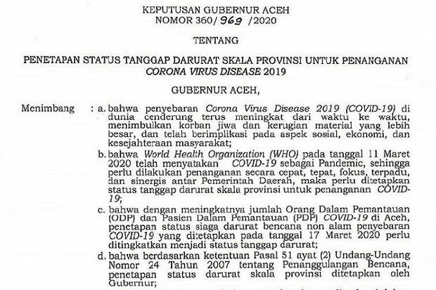 Aceh Tetapkan Tanggap Darurat Corona Selama 71 Hari
