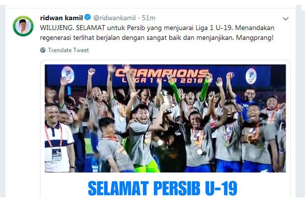 Persib Juara Liga 1 U-19, Ridwan Kamil Ucapkan Selamat