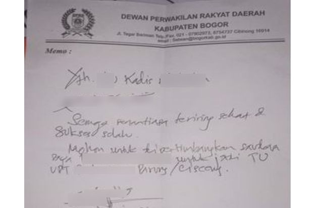 Beredar Memo Salah Satu Ketua Fraksi di DPRD Kabupaten Bogor ke Kepala Dinas