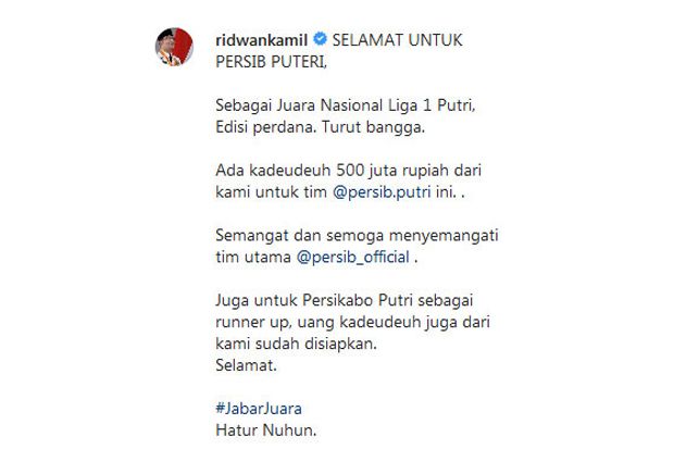 Ridwan Kamil Turut Bangga Persib Juara Liga 1 Putri