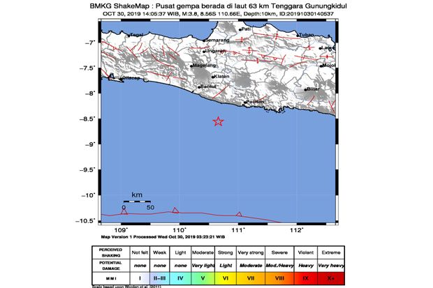 Gempa Magnitudo 3,8 Guncang Kabupaten Gunungkidul, Berpusat di Laut