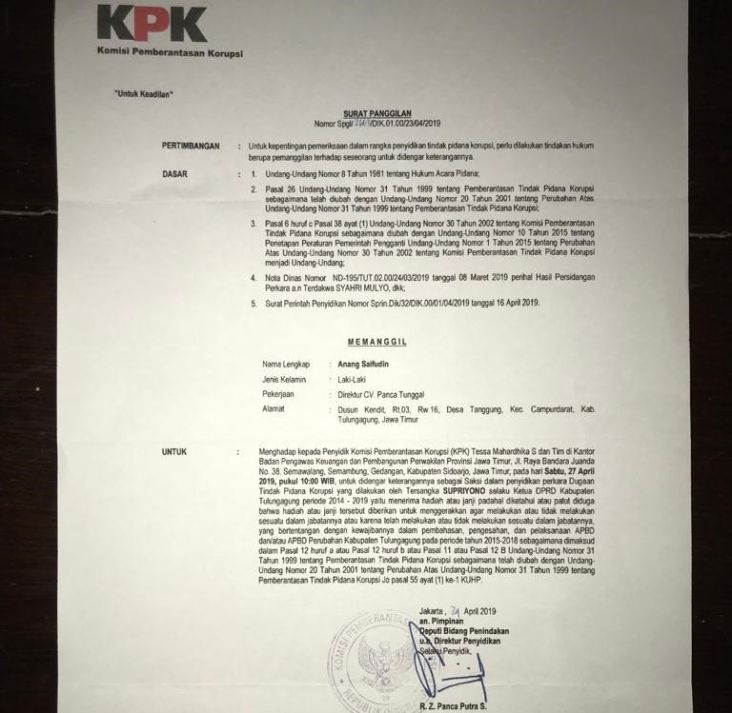 Beredar Surat Panggilan KPK Ketua DPRD Tulungagung Tersangka