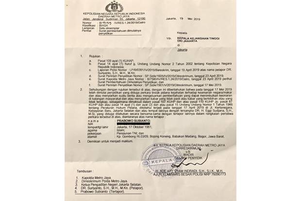 Beredar SPDP untuk Prabowo Subianto Terkait Dugaan Makar
